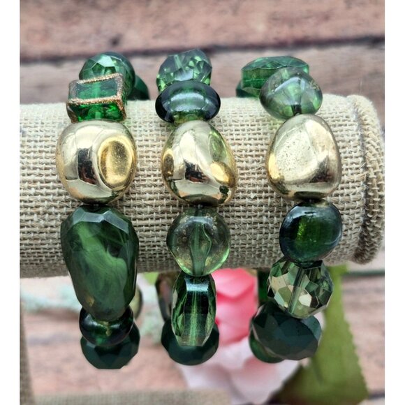 Set of 3 Green & Gold Tone Stretch Bracelet One Size Stackable Mixed Bead - Picture 6 of 6